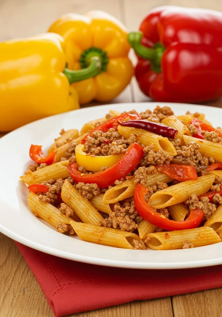 Spicy Ground Beef and Pepper Pasta